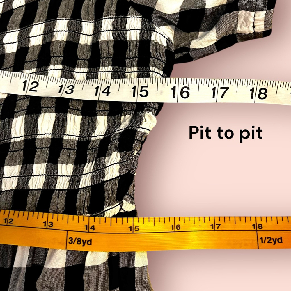 Place Gingham Shirred Ruffle Dress, L, Black White - Picture 4 of 15